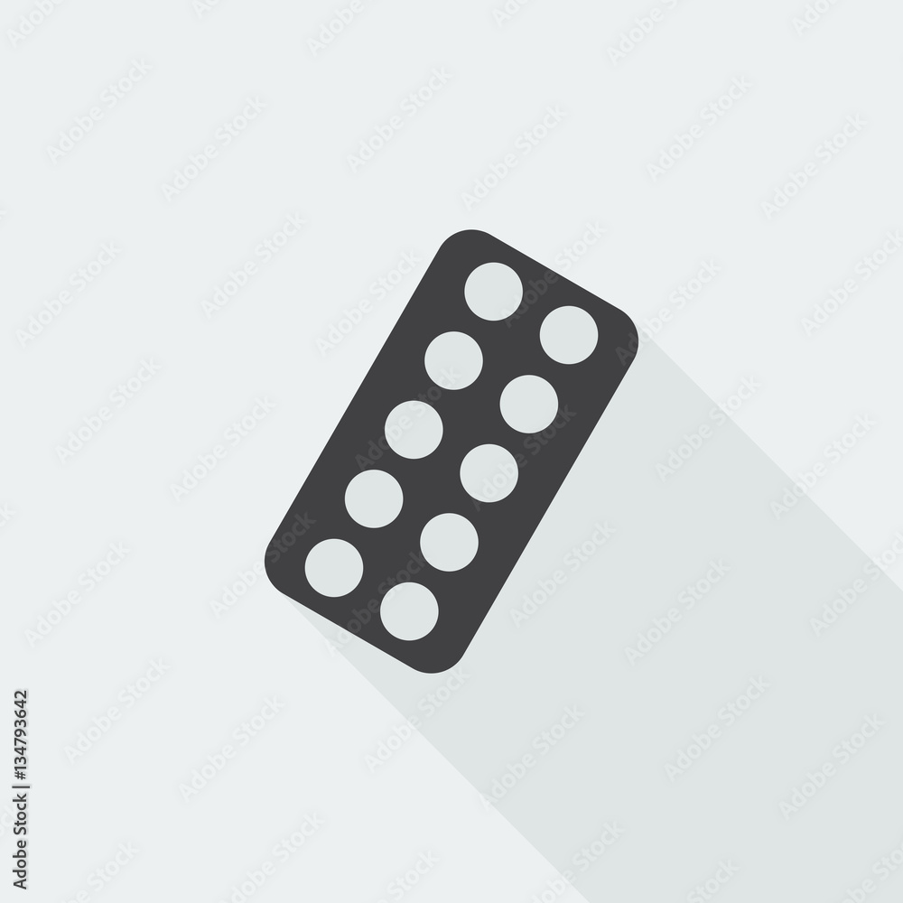 Black flat Tablet Strip icon with long shadow on white backgroun Black flat Tablet Strip icon with long shadow on white backgroun