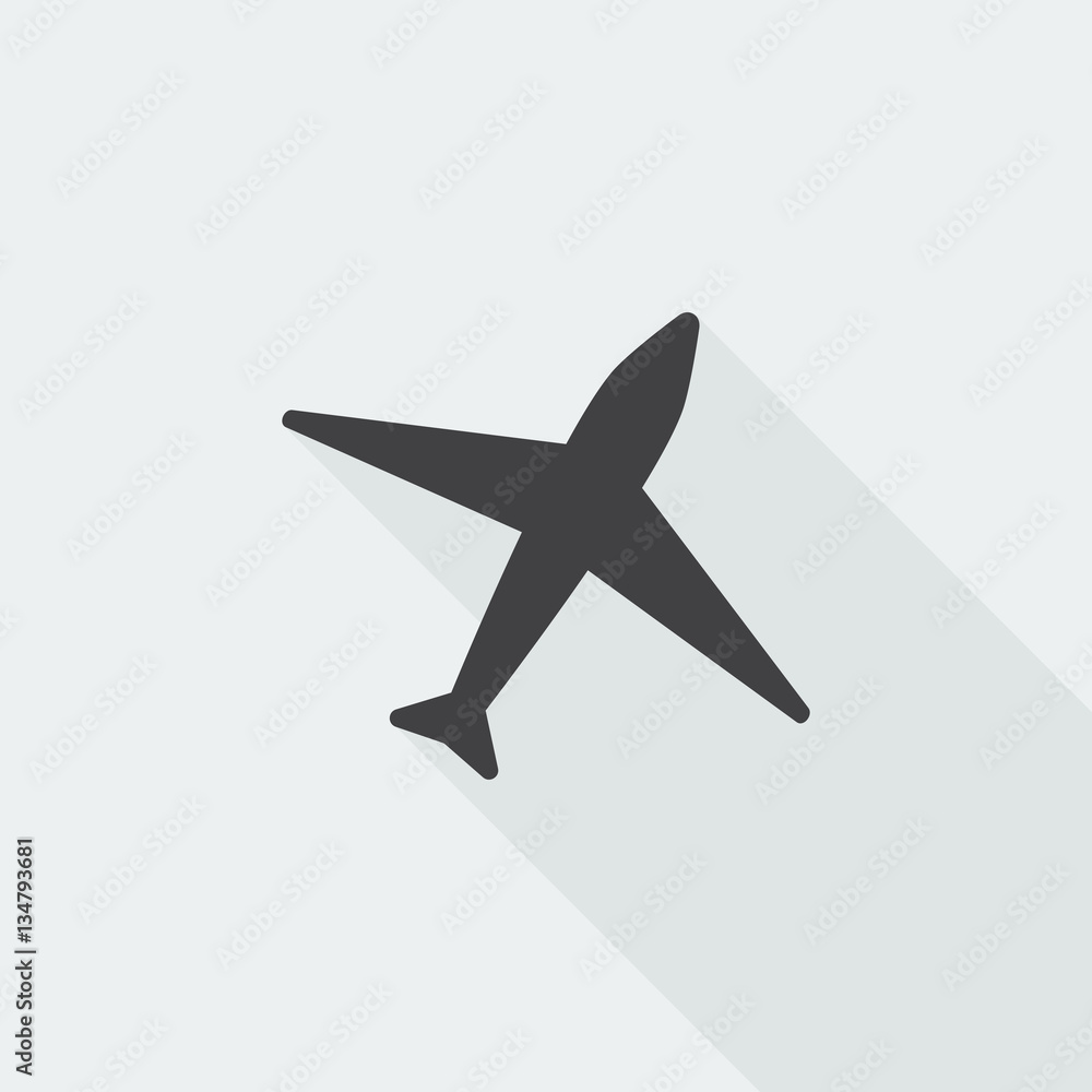 Black flat Airplane icon with long shadow on white background Black flat Airplane icon with long shadow on white background