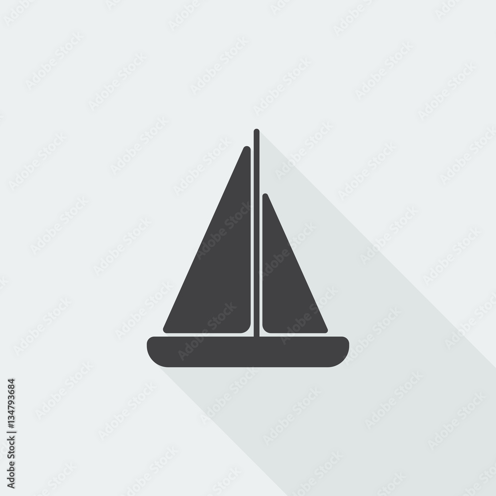 Black flat Sailboat icon with long shadow on white background Black flat Sailboat icon with long shadow on white background