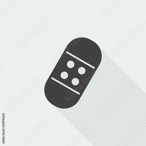 Black flat Adhesive Bandage icon with long shadow on white backg