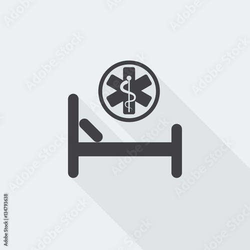 Black flat Hospital Bed icon with long shadow on white backgroun