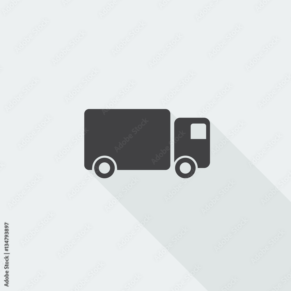 Black flat Delivery Truck icon with long shadow on white backgro Black flat Delivery Truck icon with long shadow on white backgro