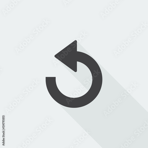 Black flat Undo icon with long shadow on white background