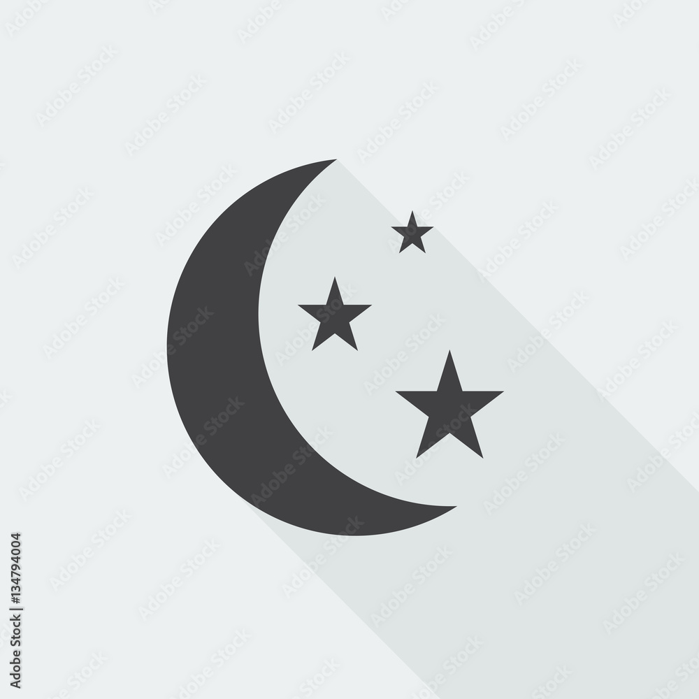 Black flat Moon And Stars icon with long shadow on white backgro Black flat Moon And Stars icon with long shadow on white backgro