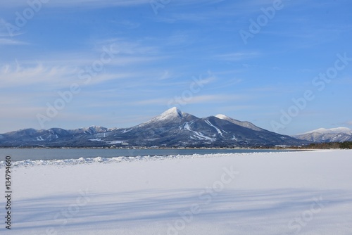 青空と山と湖畔の風景 