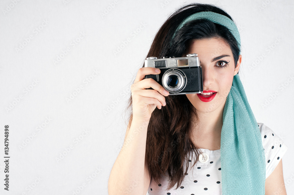 pinup style girl with red lips on a white background is holding pinup style girl with red lips on a white background is holding