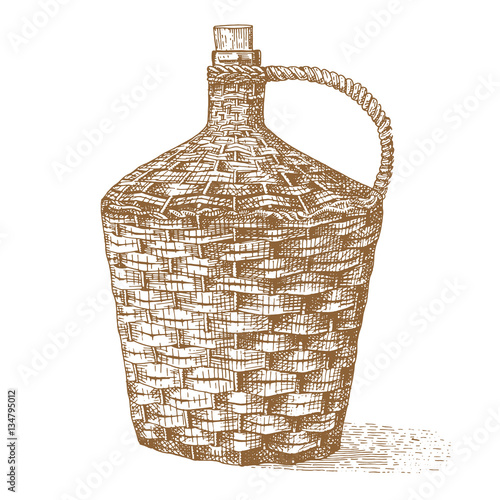 Wine old traditional braided bottle hand drawn engraved old looking vintage illustration