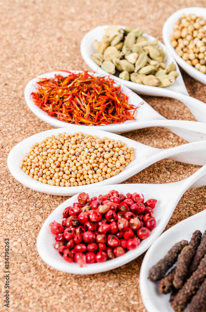 various spices and herbs on sack. various spices and herbs on sack.