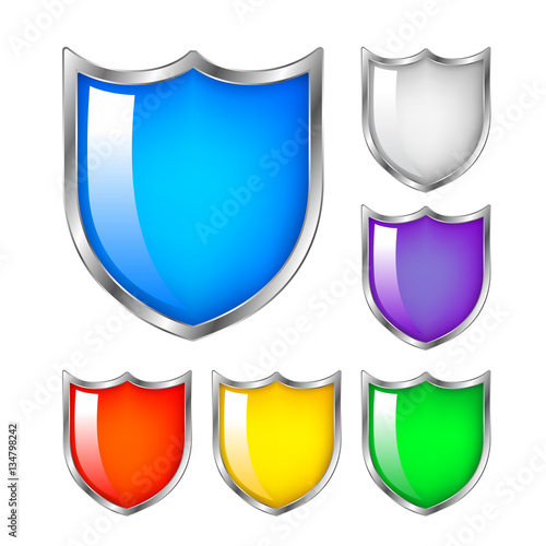 Protection concept. Set of glossy shield, icon design. illustration isolated on white background.