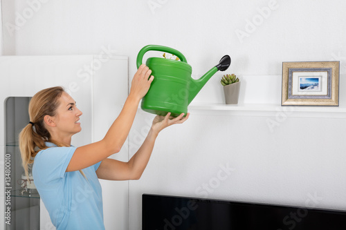 Woman Watering Plant At Home