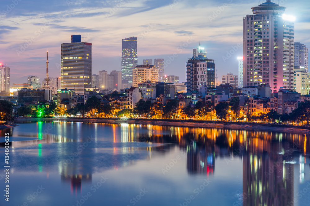 Naklejka premium Aerial skyline view of Hanoi. Hanoi cityscape at twilight