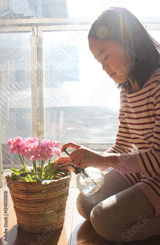ピンクの花に水をやる女の子