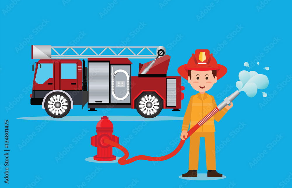 Naklejka premium Fireman firefighter in uniform with water hose.