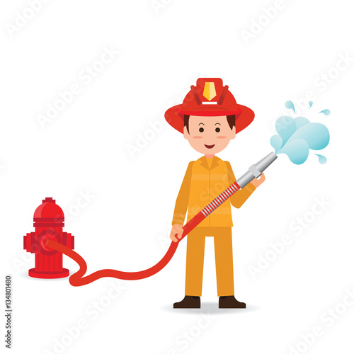 Fireman spraying a water hose isolated on white background.