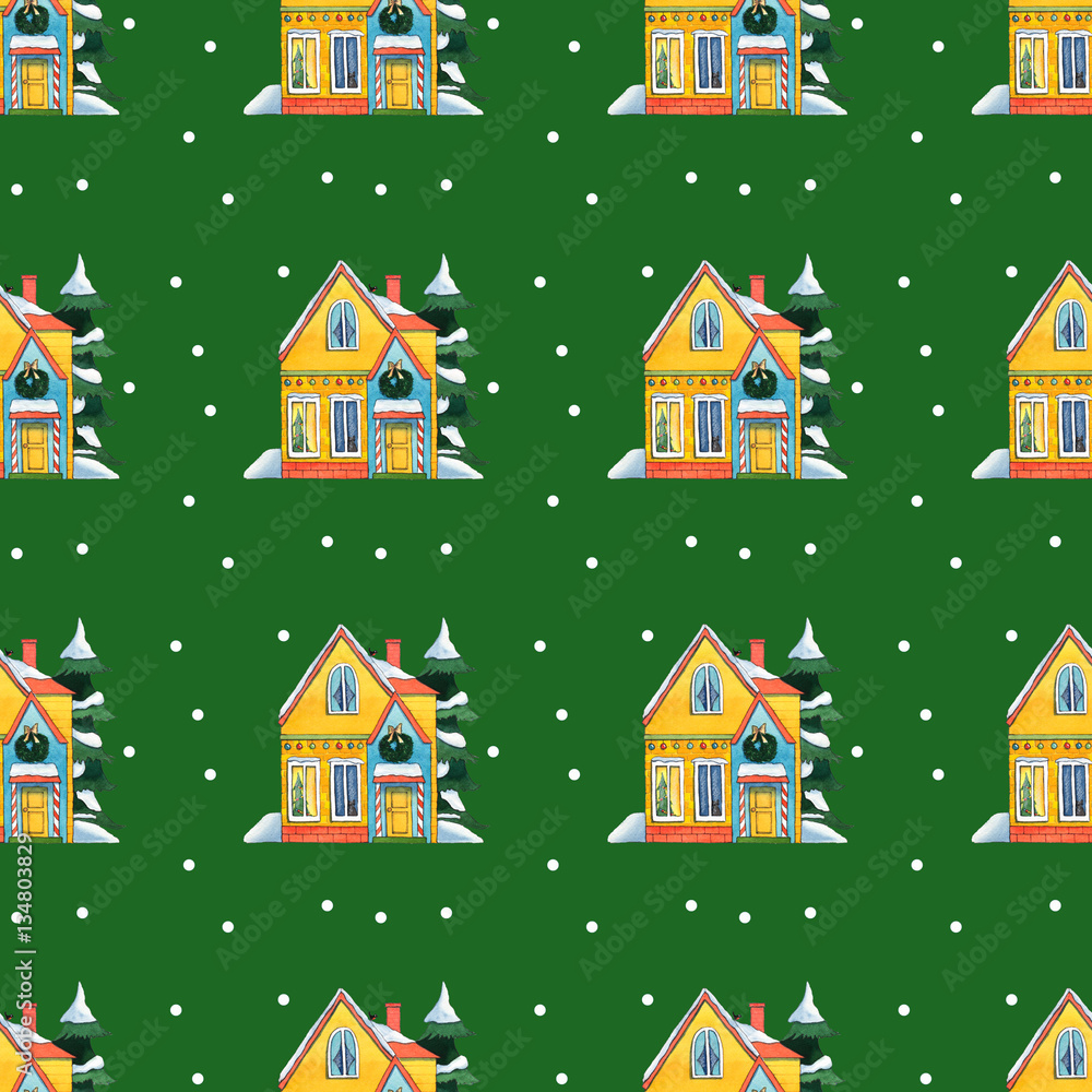Watercolor Seamless Pattern Winter фтв Christmas Houses
