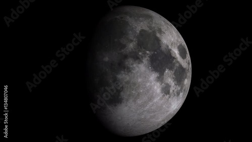 Loopable W/Alpha: Moon Phases / Moon Surface / Lunar Surface. Moon phases with solid black shadow. Libration in horizontal axis. 14-seconds loop with alpha-matte. Isolated on black background.