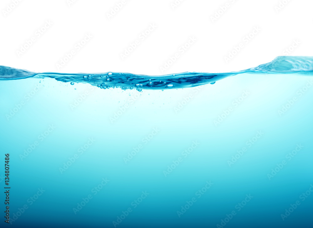 Close up blue Water splash with bubbles on white background Close up blue Water splash with bubbles on white background