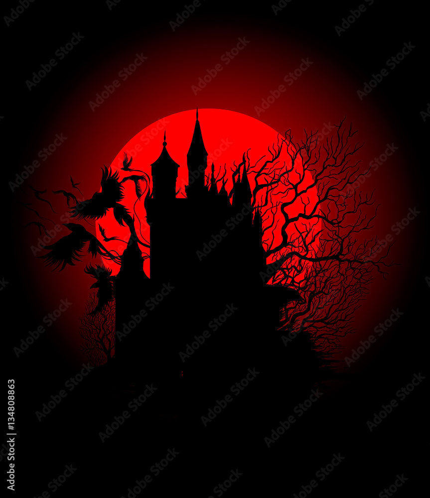 spooky black castle on the background of the bloody moon Stock Vector ...