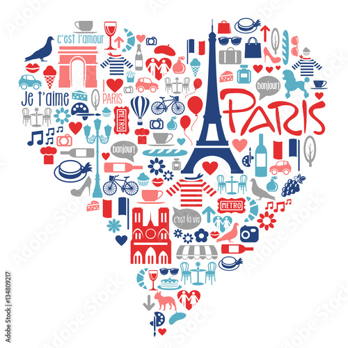 Paris France icons, landmarks, attractions within a heart shape