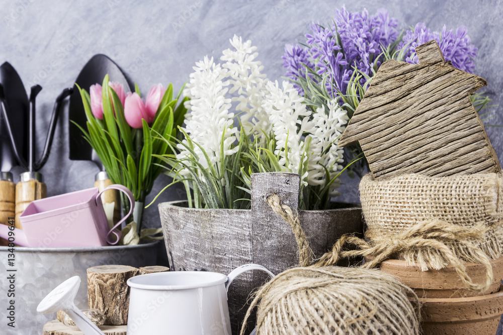 Fototapeta premium Home and garden concept of gardening tools and flowers on the old wood