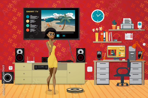 Young woman in the living room. Home theater, stereo, workplace.