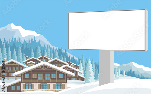 The image of a chalet in snowy mountains. Beautiful winter landscape. Vector background.
