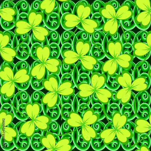 St. Patrick's day background. Clover leaves on black background. Green color seamless pattern. Vector illustration.