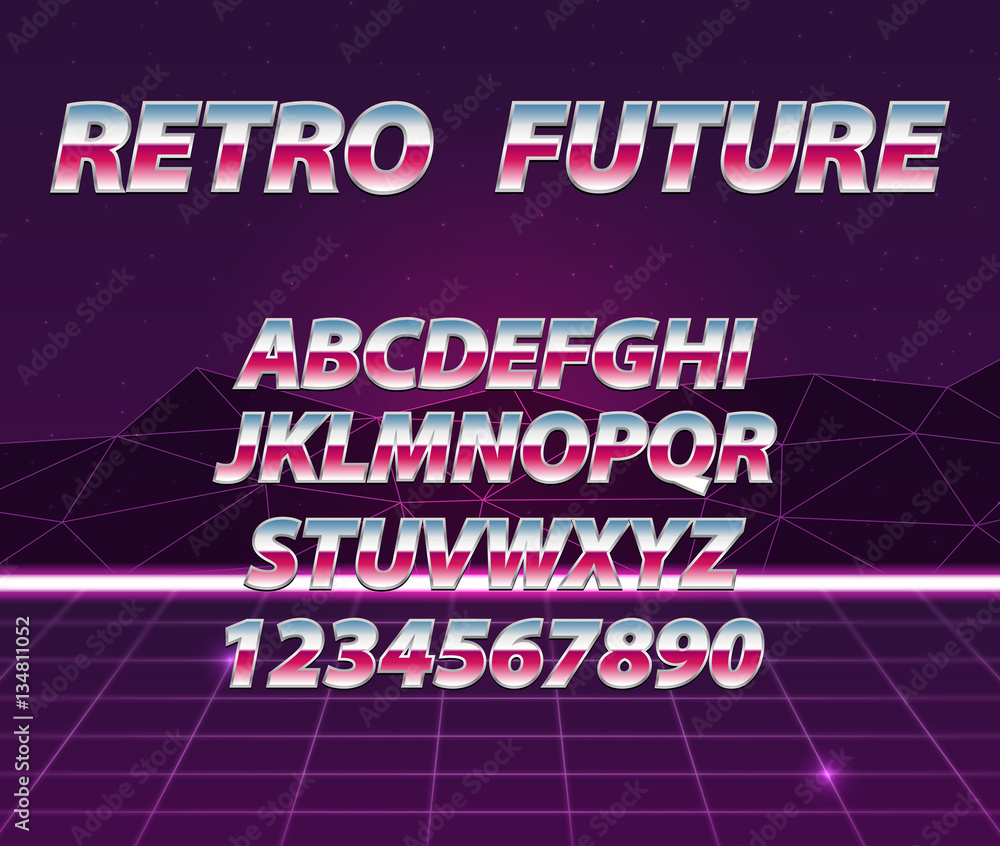 Retro futuristic vector background. Chrome Alphabet in 80s Retro
