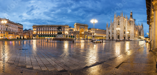 Twilight panoramic view of Cathedral, Vittorio Emanuele II Gallery and piazza del Duomo in Milan, Lombardia region, Italy.