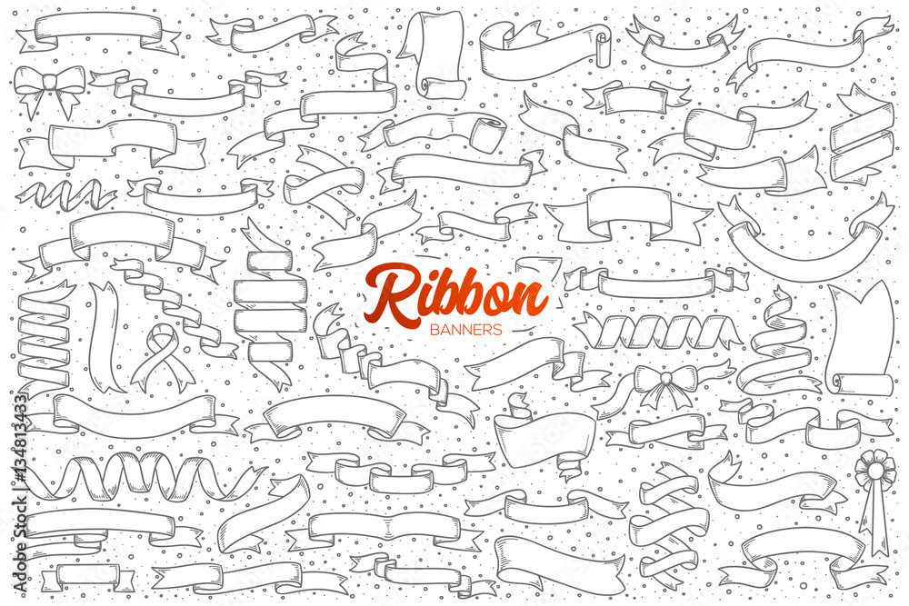Hand drawn set of ribbon banners doodles with red lettering in vector