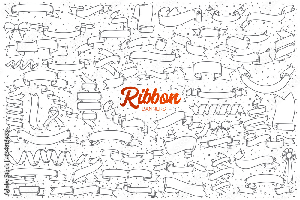 Hand drawn set of ribbon banners doodles with red lettering in vector Hand drawn set of ribbon banners doodles with red lettering in vector