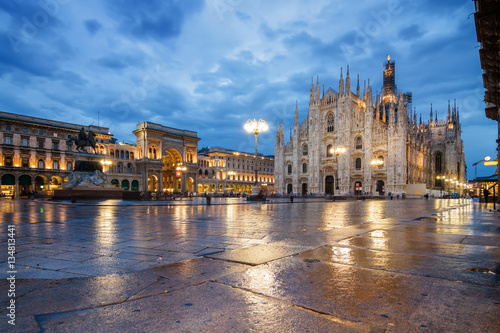 Twilight view of Cathedral, Vittorio Emanuele II Gallery and piazza del Duomo in Milan, Lombardia region, Italy.