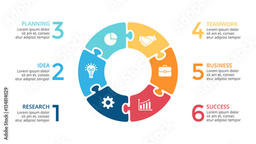 Vector circle arrows puzzle infographic, cycle diagram, jigsaw graph, presentation chart. Business concept with 6 options, parts, steps, processes.