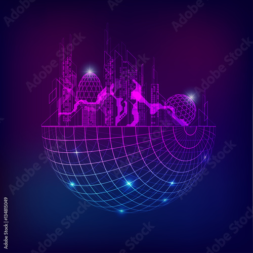 futuristic city combined with a wireframe planet, digital building in a matrix style