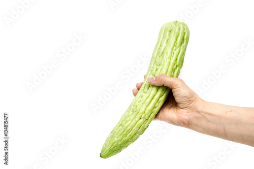 Obraz na płótnie Hand holding gourd, bitter cucumber or balsam pear on white back w salonie