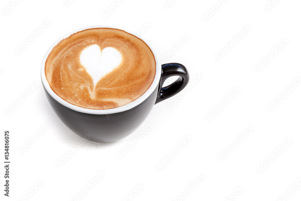 Coffee cup of heart shape latte art on white background isolated