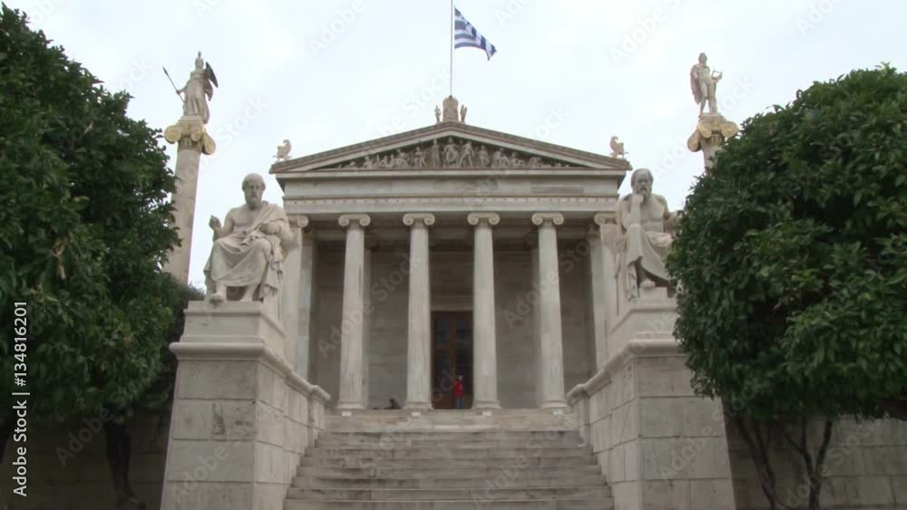 Static exterior shot of the Academy of Athens, in Greece