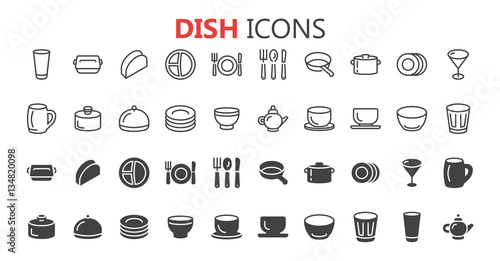 Simple Set of Dish and Plates Related Vector Line Icons. 
Contains such Icons as Plate Stack, Wineglass, Detergent, Unbreakable Dishes and more