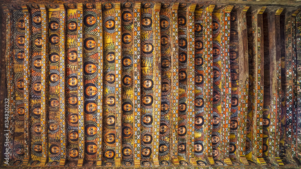 Gondar. Debre Birhan Selassie Church (Trinity and Mountain of Light). The ceiling covered with the faces of winged cherubs - examples of Ethiopian church art (17th century)