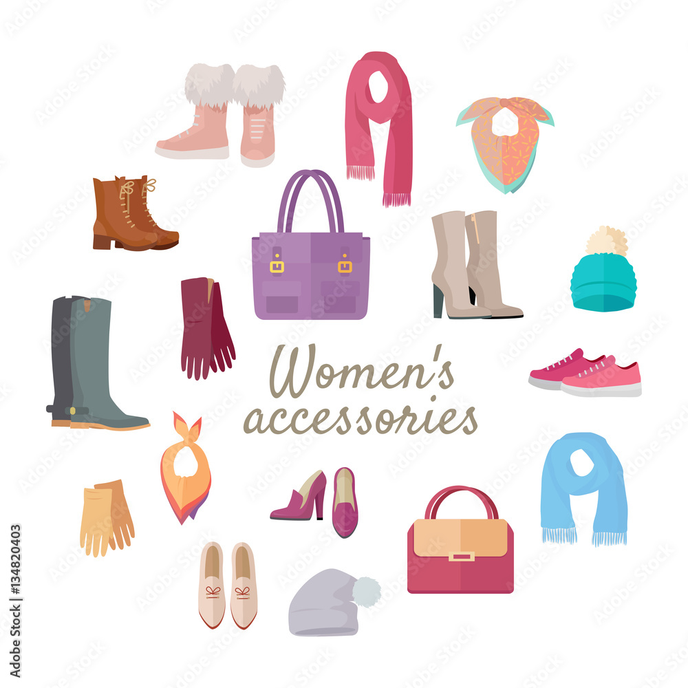 Women s Accessories Isolated on White. Vector Set