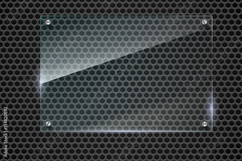 Elegant vector metallic mesh background with glass banner. Texture with highlights and glow on the background of metal mesh. Vector editable texture, easy to change size