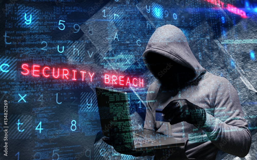 Composite image of hacker using laptop to steal identity Composite image of hacker using laptop to steal identity