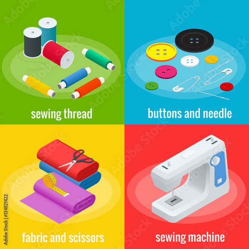 Color banners of objects for sewing, handicraft. Sewing tools and sewing kit,sewing equipment, needle, sewing machine, sewing pin, yarn. Sew vector set.