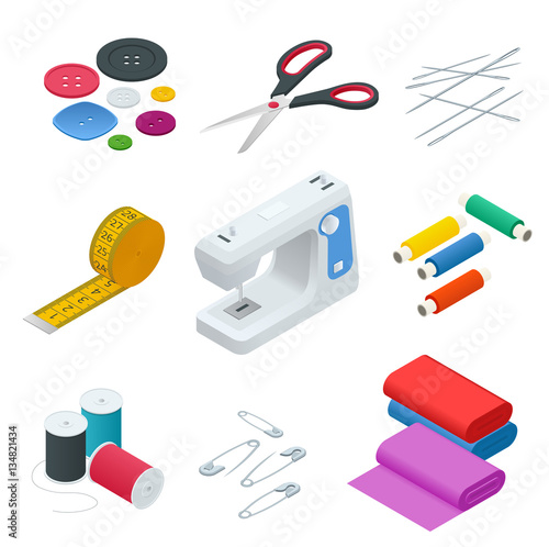 Color banners of objects for sewing, handicraft. Sewing tools and sewing kit,sewing equipment, needle, sewing machine, sewing pin, yarn. Sew vector set.