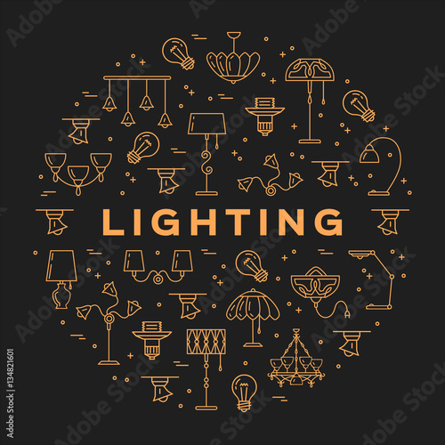 Lighting store circle infographics Lamp icon flat design card. Thin line symbols chandelier, lampshade, decorative lightings, wall lamp. Brand identity graphics, Vector illustration