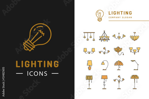 Lighting icon set, lamps symbols flat design. Thin line badges chandelier, lampshade, decorative lightings, wall lamp. Brand identity graphics, business concept. Vector colorful icons
