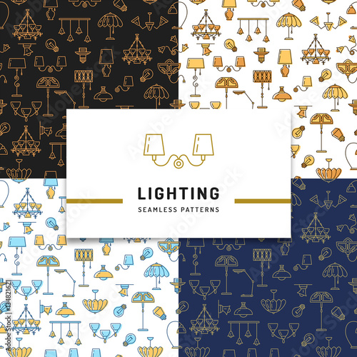 Lamp icon, lighting seamless pattern set. Brand identity graphics, backdrop, business concept for lighting store. Colorful packaging with signs lamps. Vector illustration