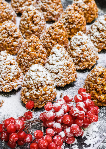 Delicious cookies with condensed milk and walnuts. Russian Traditional winter...
