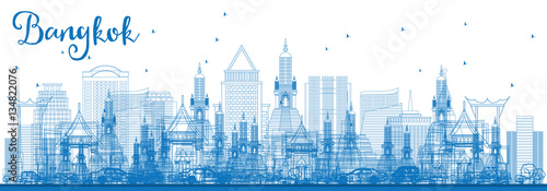 Outline Bangkok Skyline with Blue Landmarks.