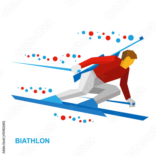 Winter sports - Biathlon. Cartoon biathlete going skiing fast with a rifle behind his back. Flat style vector clip art isolated on white background